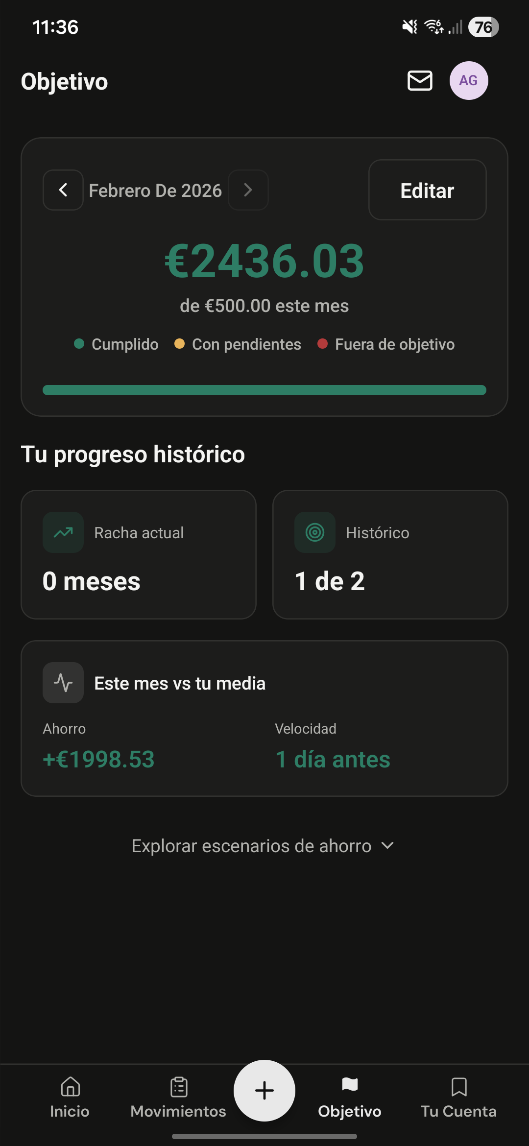 Seguimiento de objetivo de ahorro
